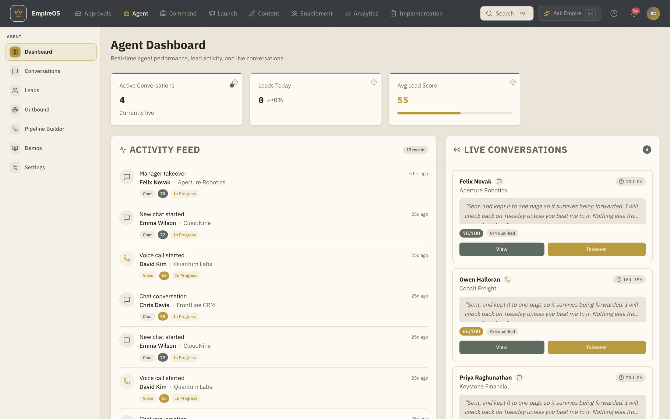 The EmpireOS Agent dashboard showing active conversations, leads today, average lead score, a live activity feed and a live conversation panel.