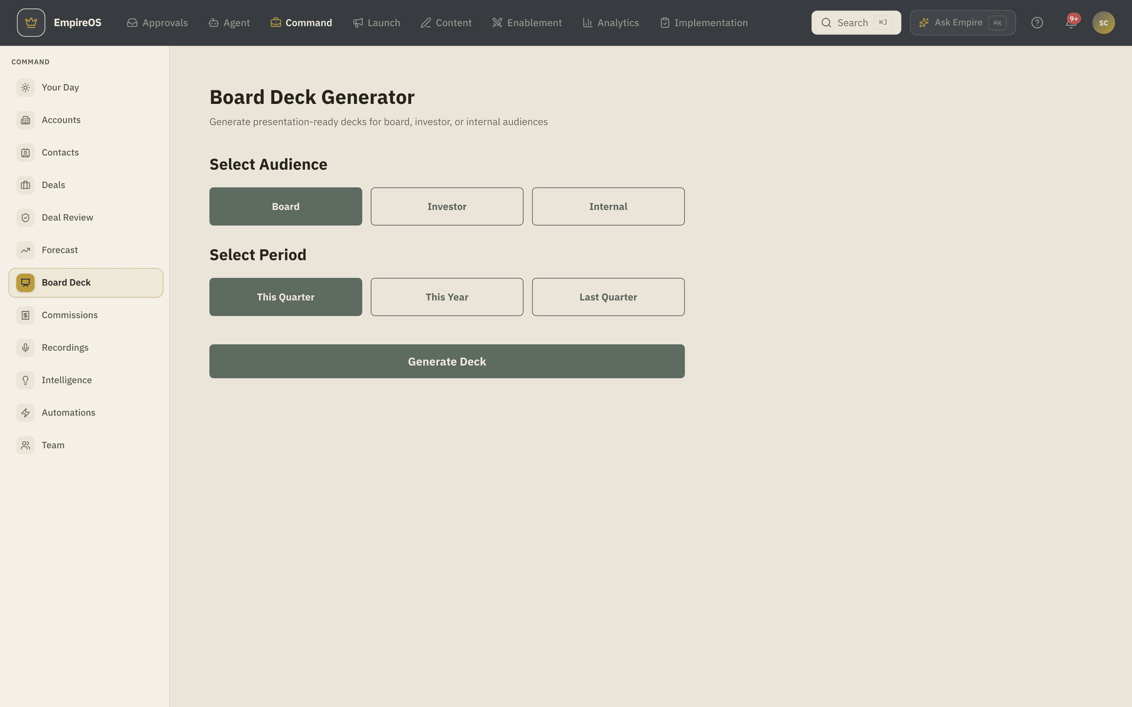 The EmpireOS board deck generated from live pipeline and forecast numbers.
