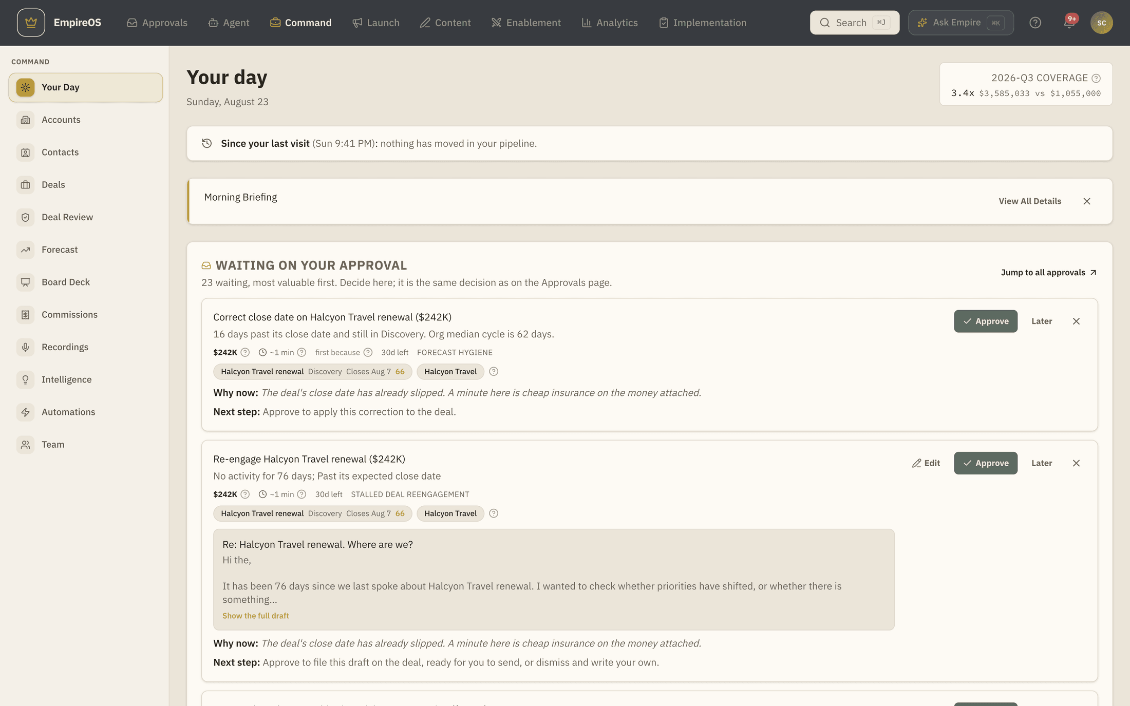 The EmpireOS Command dashboard: pipeline, forecast, the ranked work list and deal health on one screen.