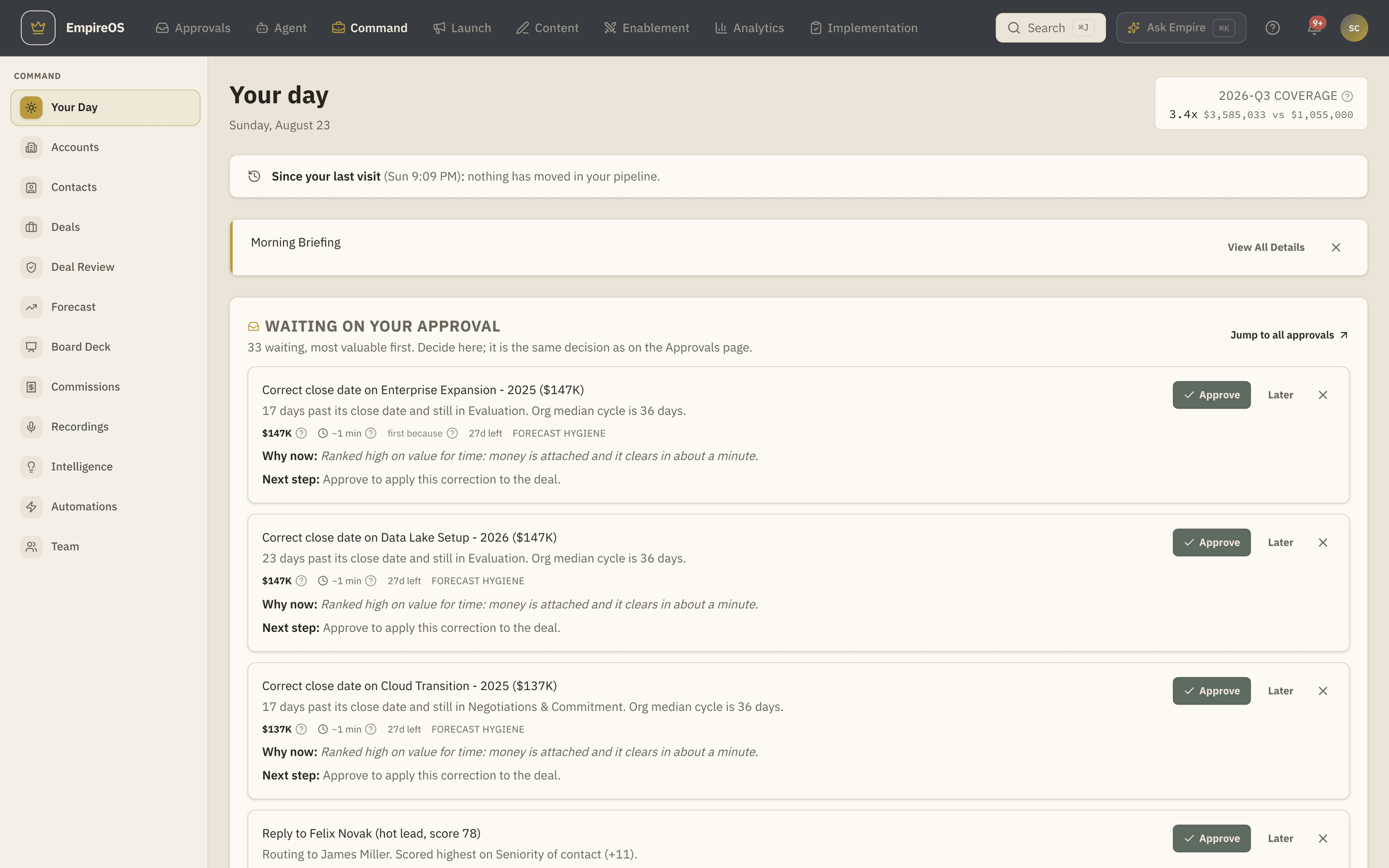 The EmpireOS daily planner showing ranked actions with dollar values, items awaiting approval, meetings and commitments.