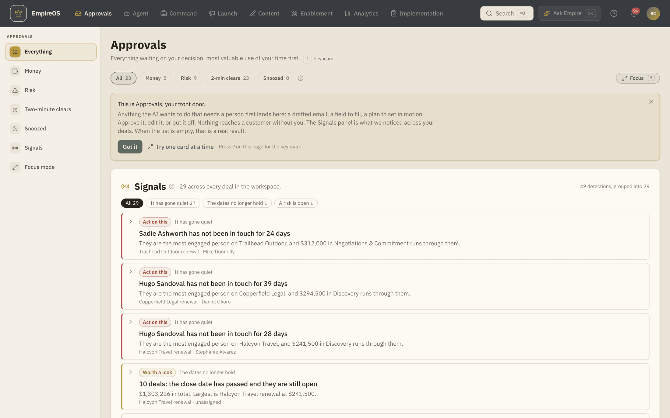 EmpireOS Approvals: ranked work items each showing deal value, time to clear, a why-now line and a next-step line.